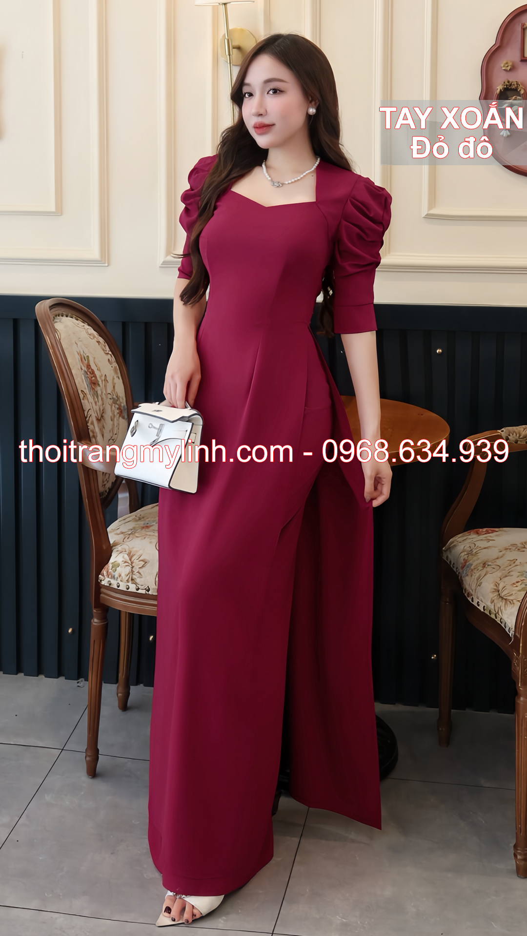 Bộ áo dài cổ nữ hoàng tay xoắn đỏ đô